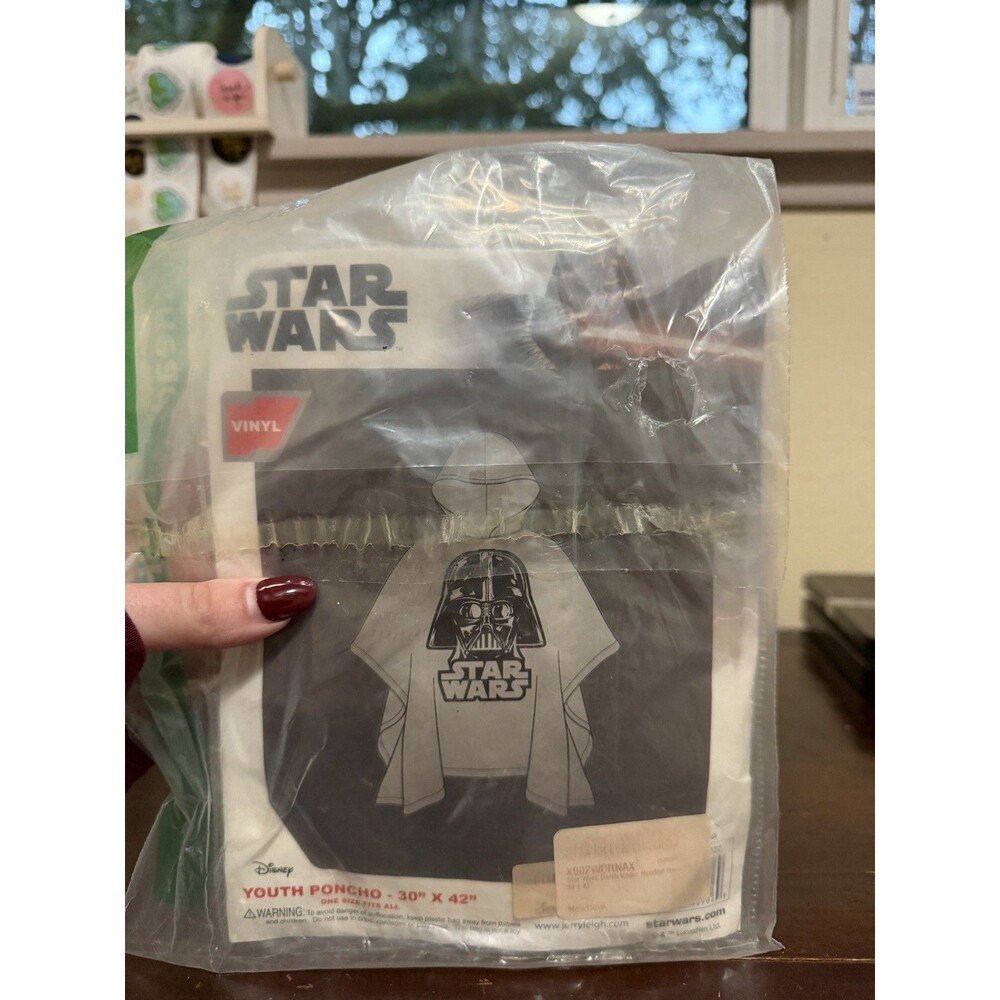 Disney Youth Size Star Wars Darth Vader Clear Rain Poncho 30 x 42 Hooded NWT
